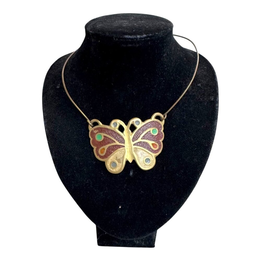 Vintage India Butterfly Necklace Antique Brass & Enamel Pendant Large Statement